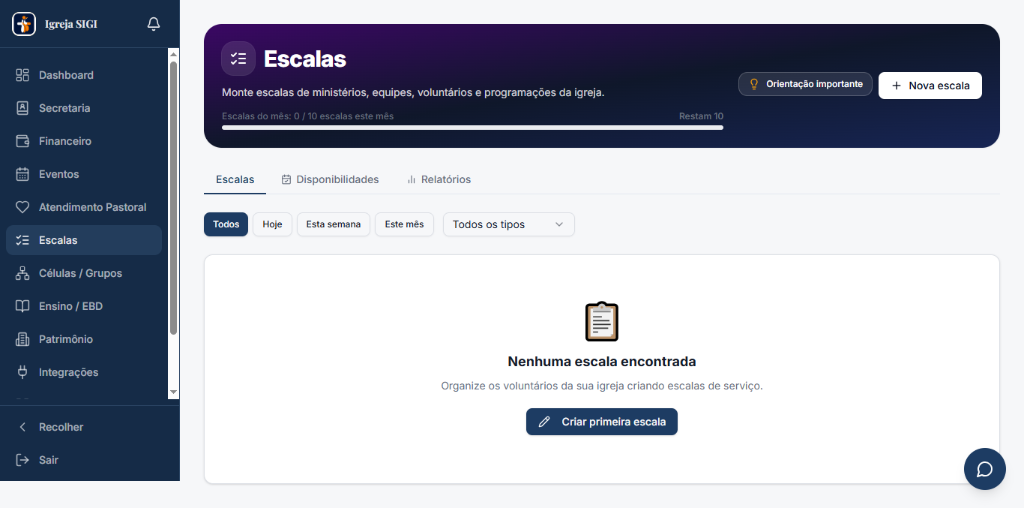 Tela de escalas do SIGI Igrejas para organizar voluntários, ministérios e programações.