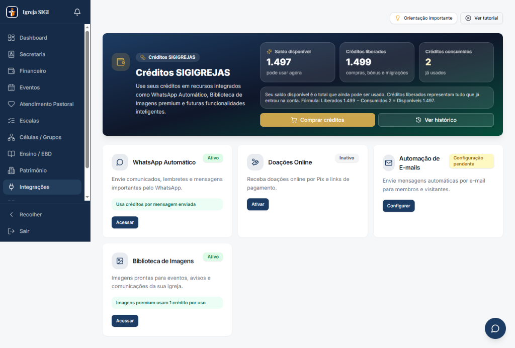 Tela de integrações do SIGI Igrejas com WhatsApp automático, doações online, e-mails e biblioteca de imagens.