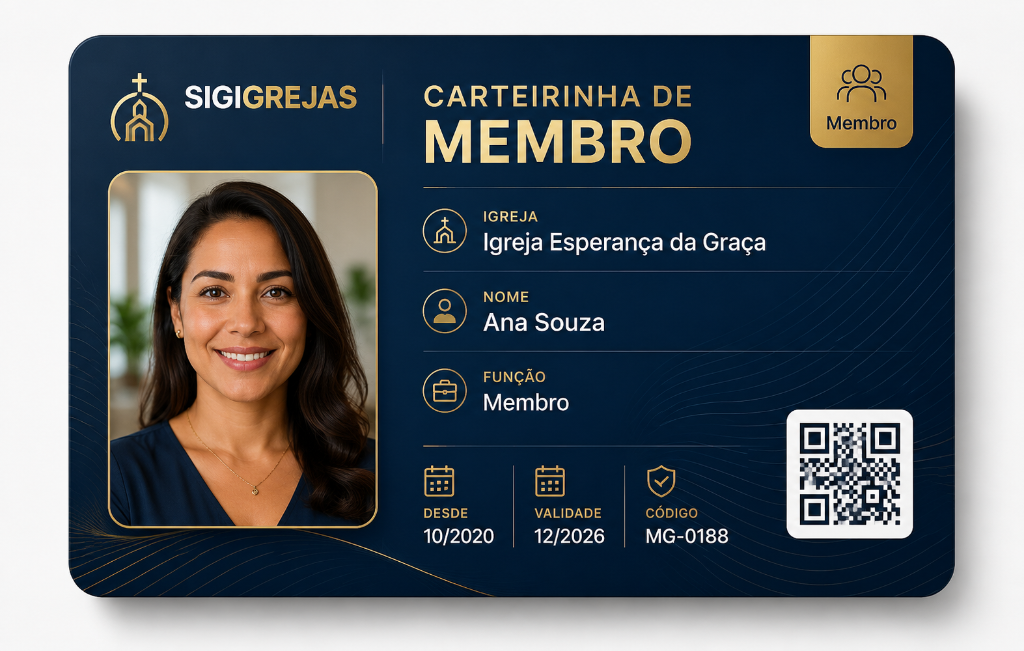 Carteirinha de membro digital SIGIGREJAS com foto, validade e QR Code
