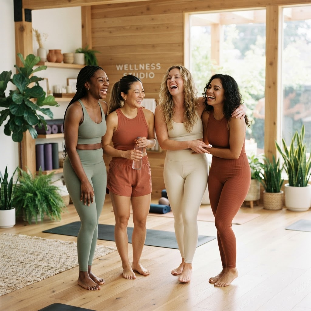 Women laughing together in a wellness studio