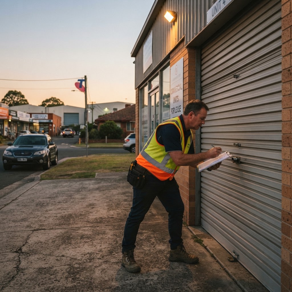 Security professional in a hi-vis vest conducting a risk assessment at a commercial property