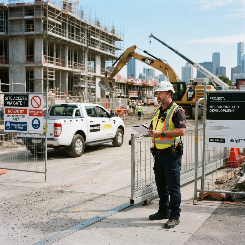 Static security guard monitoring the access gate at a construction site