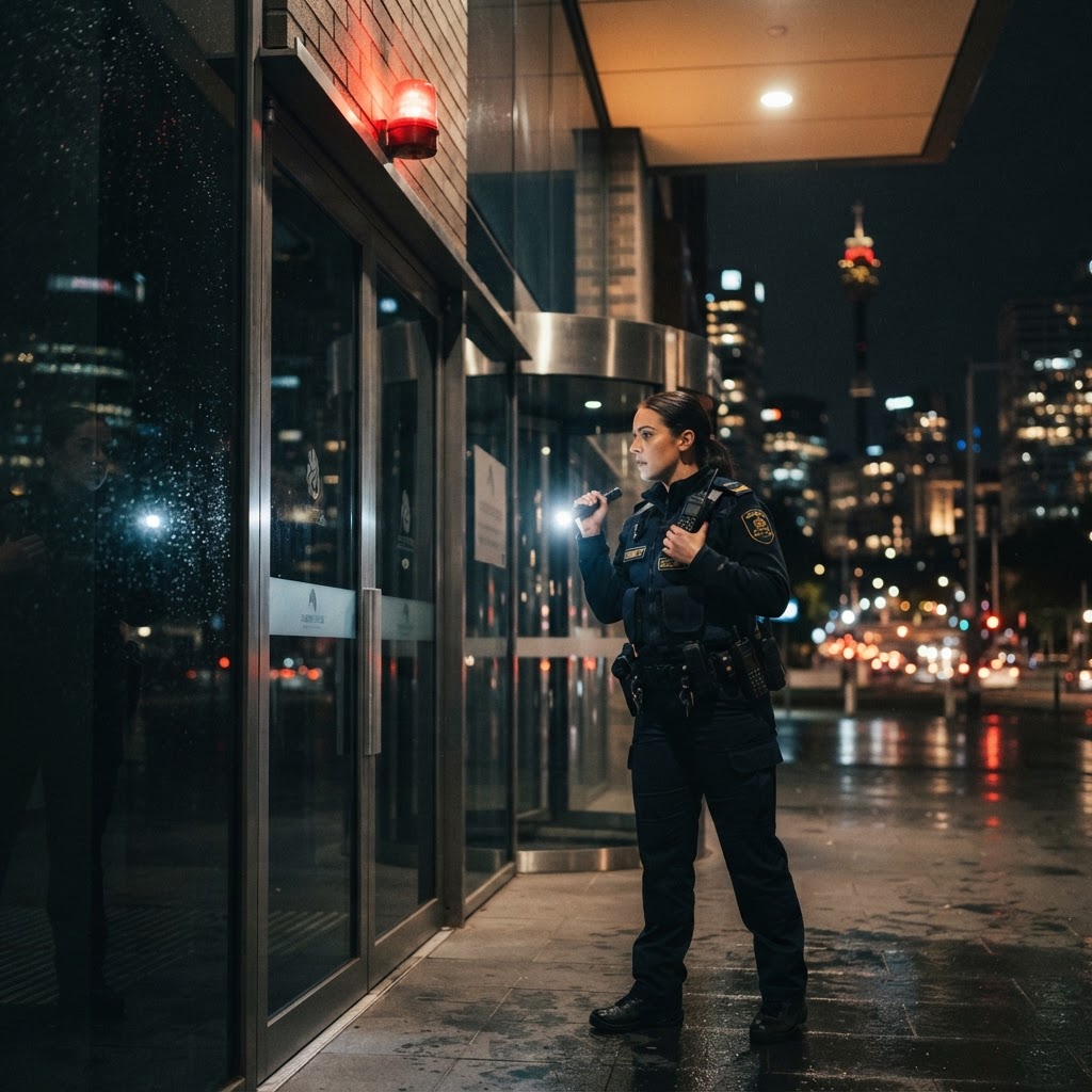Security officer responding to a business alarm activation at a commercial building at night