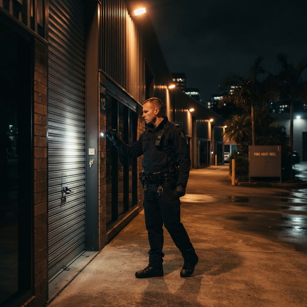 Security guard with torch inspecting a commercial building entrance during an overnight shift
