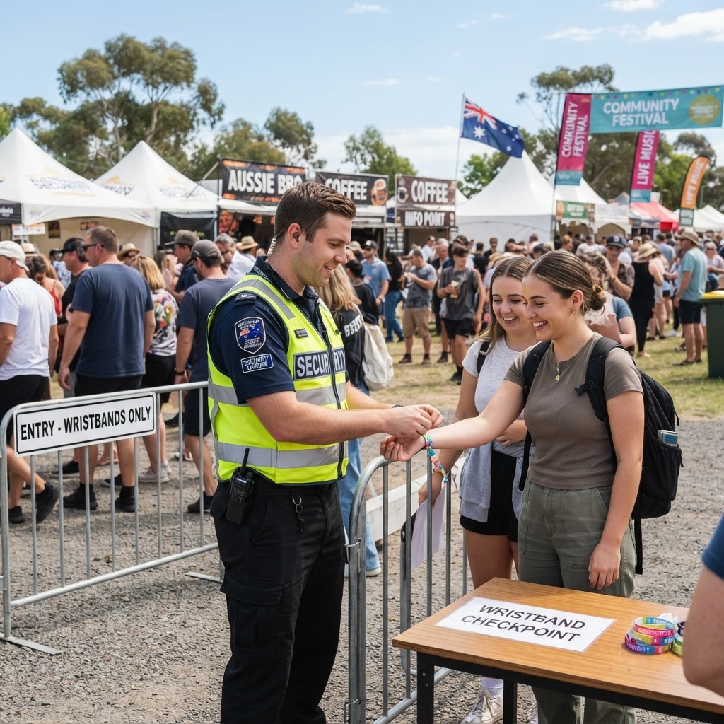 Licensed event security guard managing entry at an outdoor community event