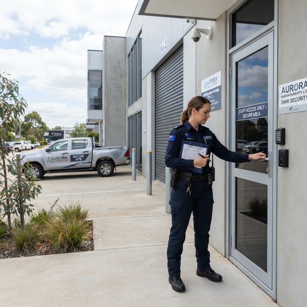 Security guard conducting a commercial security checklist inspection at a NSW business premises