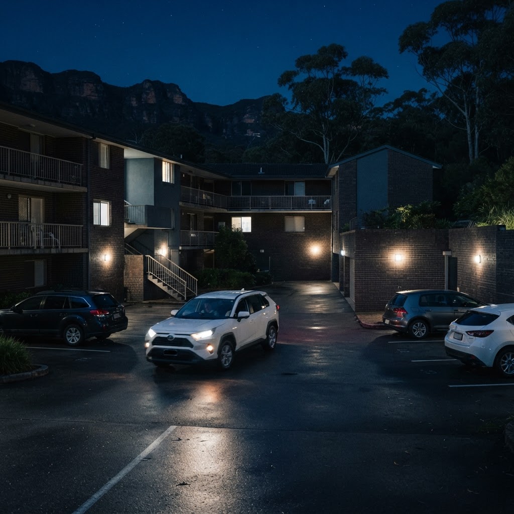 Patrol vehicle headlights sweeping a shared apartment car park at night
