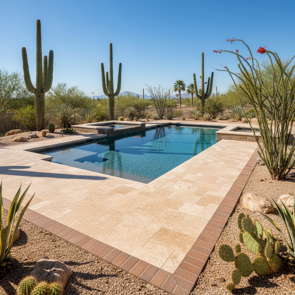 Arizona desert backyard with travertine pool deck and cactus