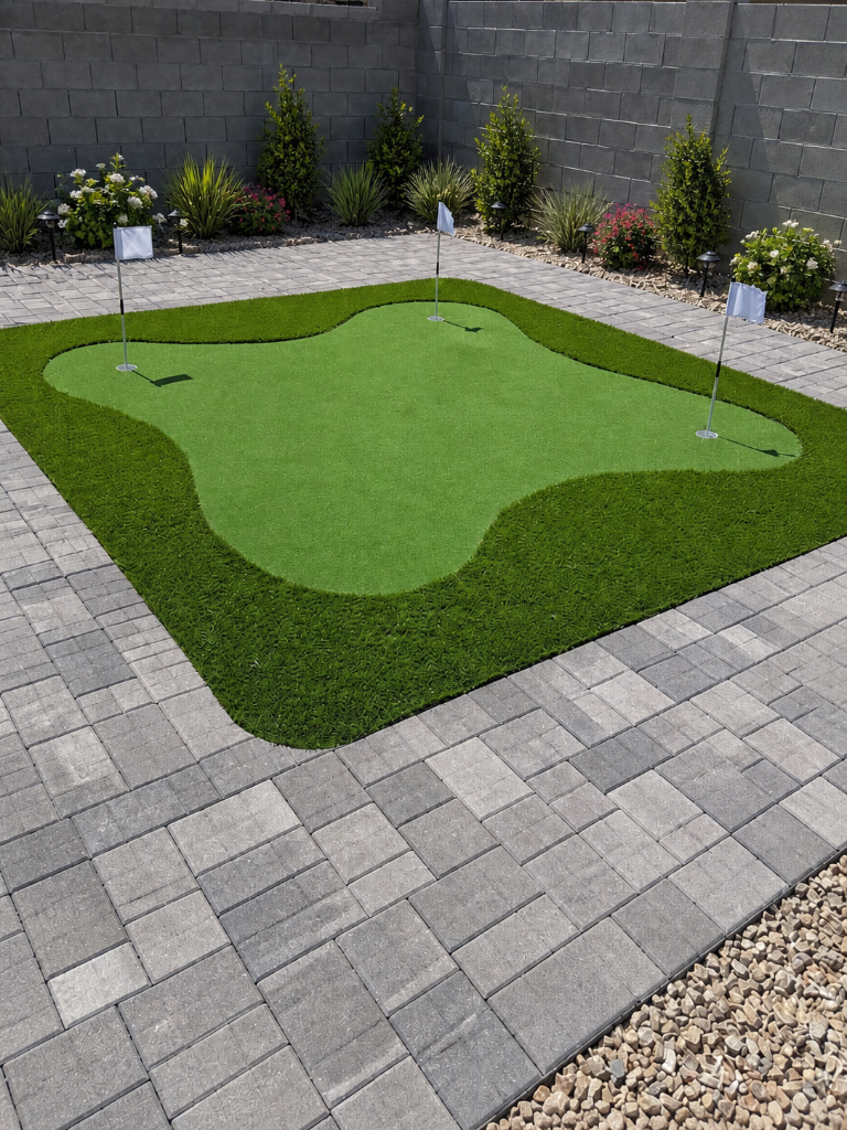 Putting green with artificial turf and paver patio