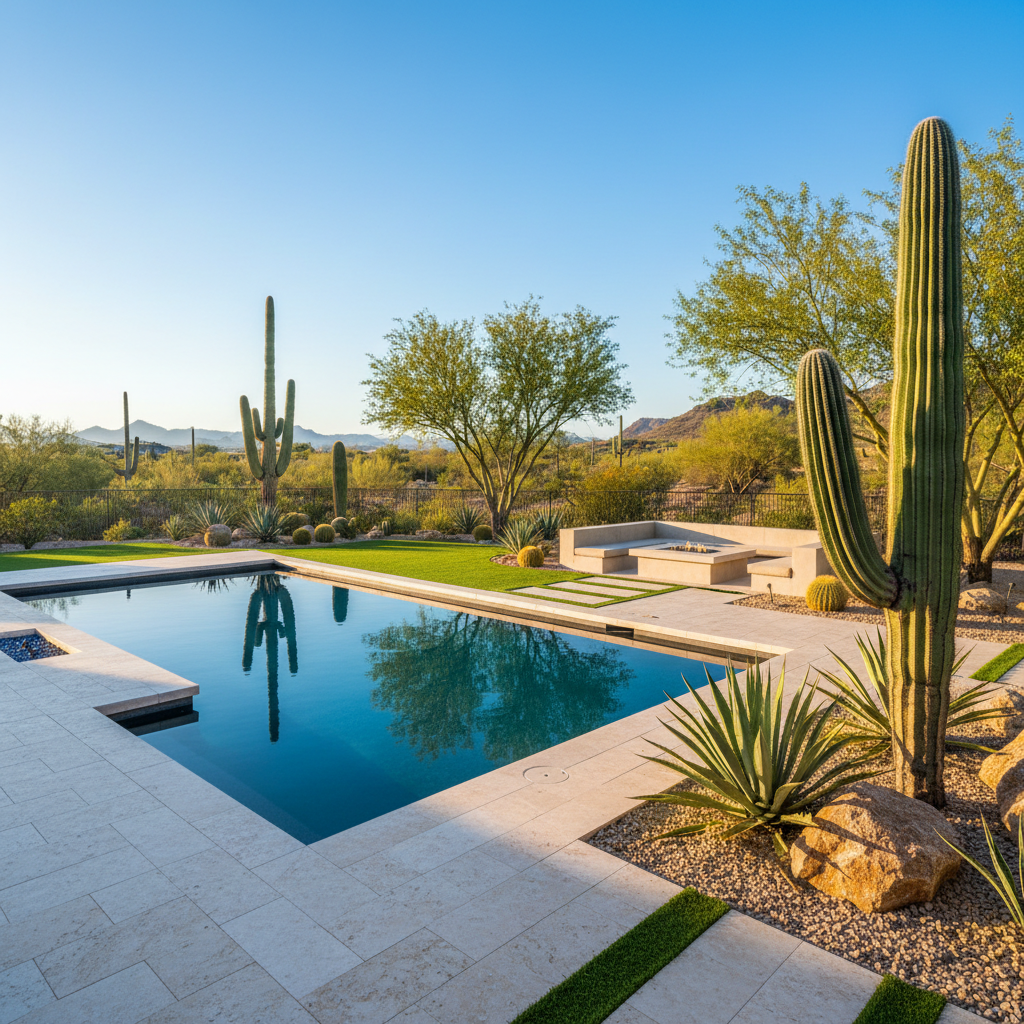 Desert oasis backyard with travertine and pool