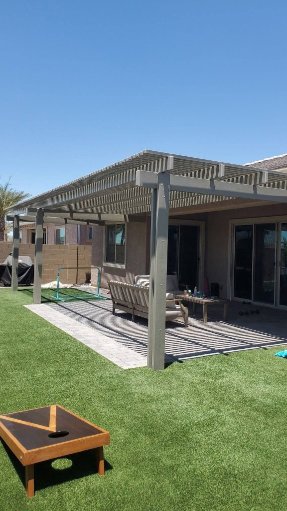 Turf backyard with pergola