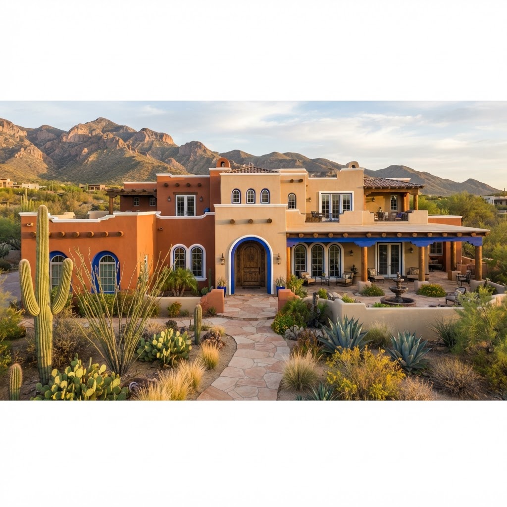 Painted Southwestern stucco home with desert landscaping in Tucson, Arizona