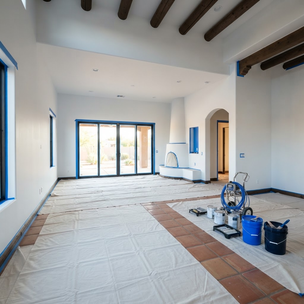 Interior painting preparation with drop cloths, taped trim and a paint sprayer in a Tucson home