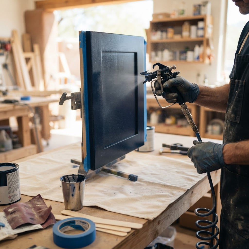 Painter spray-finishing a kitchen cabinet door in the workshop