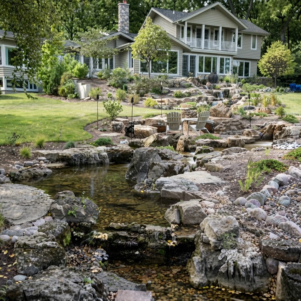 A pondless waterfall with natural stone, new plantings, and a small paver patio in a Western NC backyard