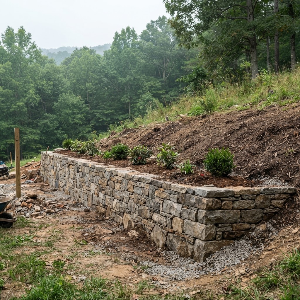 A newly built fieldstone retaining wall on a sloped mountain property in Western NC