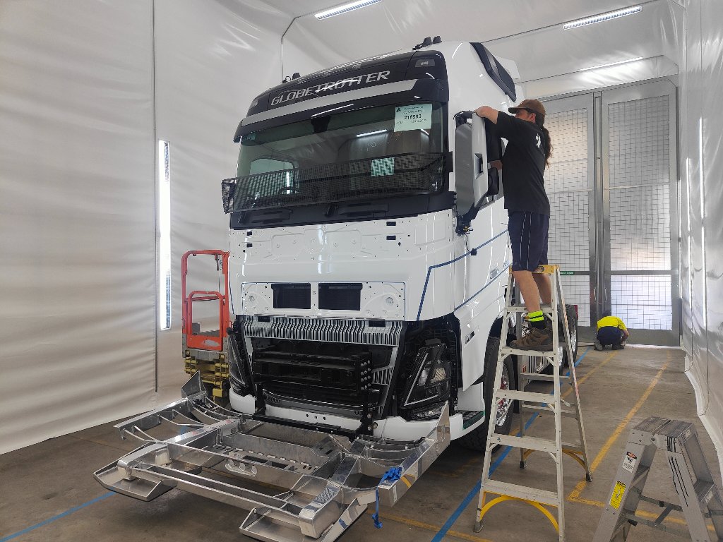 Volvo truck cab inside spray booth