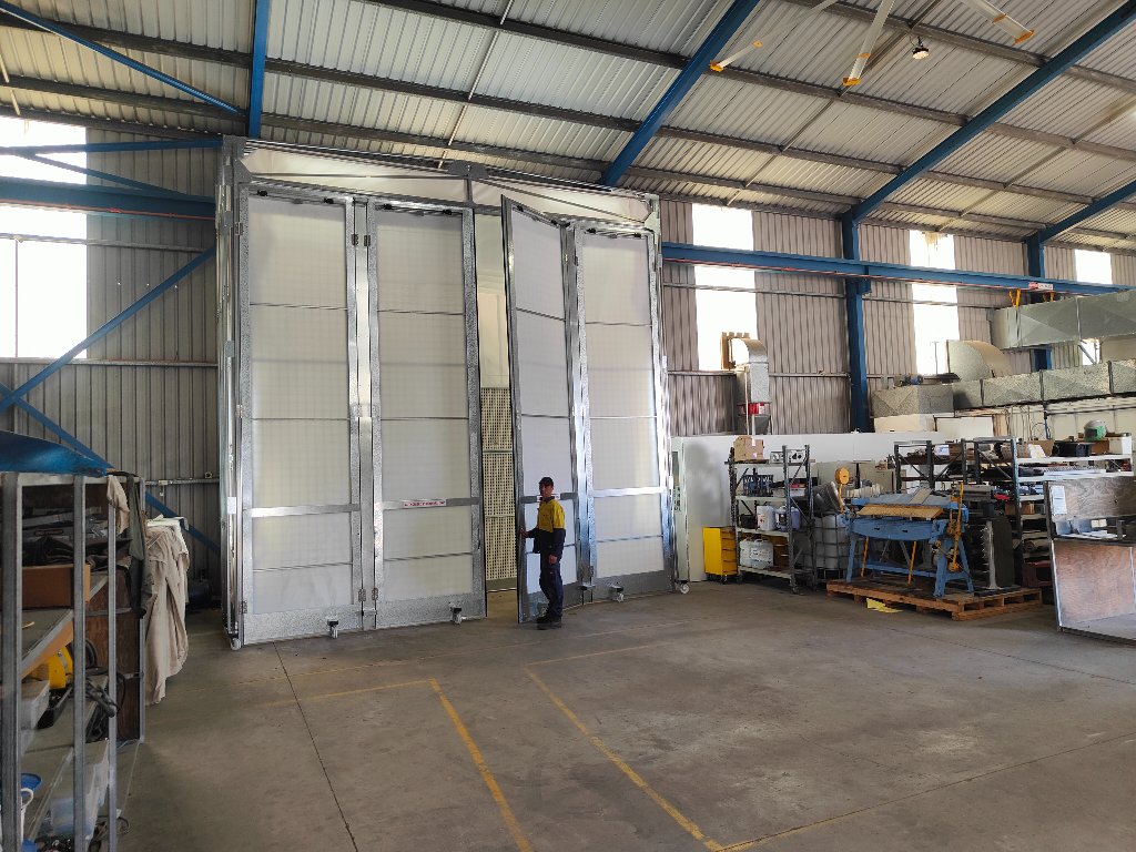 Truck spray booth doorway in workshop