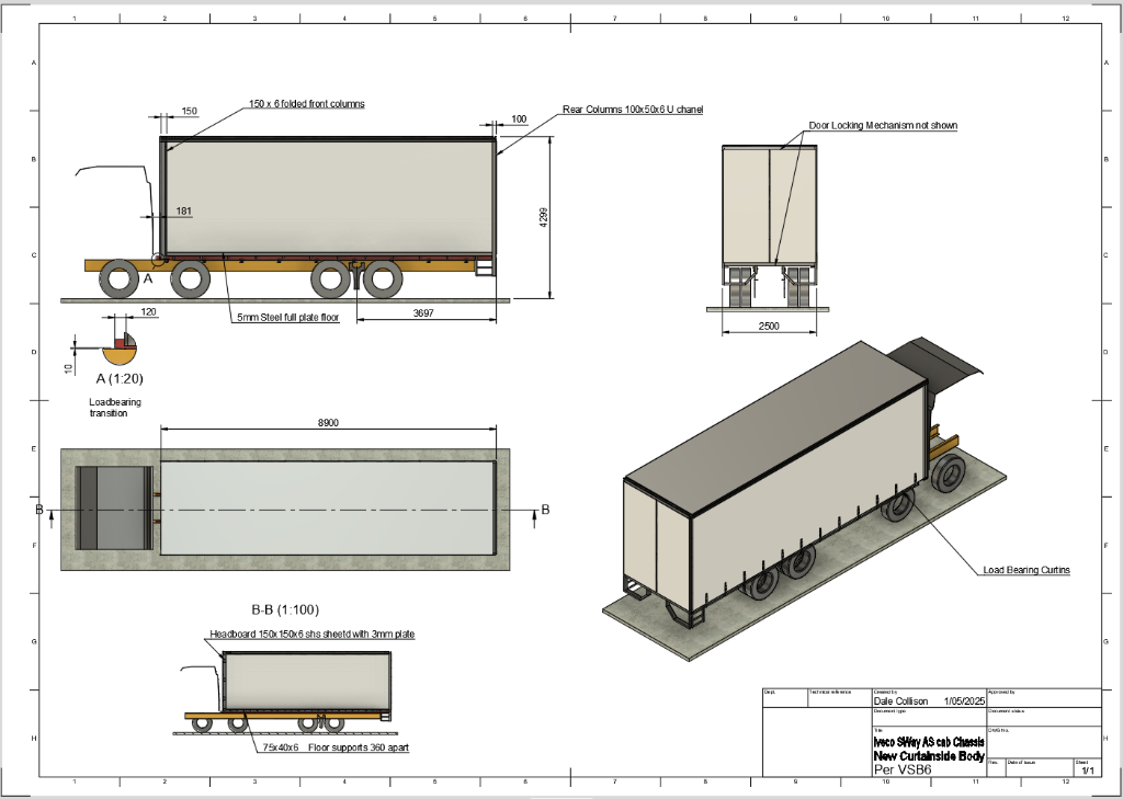 CAD drawings: Iveco S Way AS cab chassis — new curtainside body per VSB6