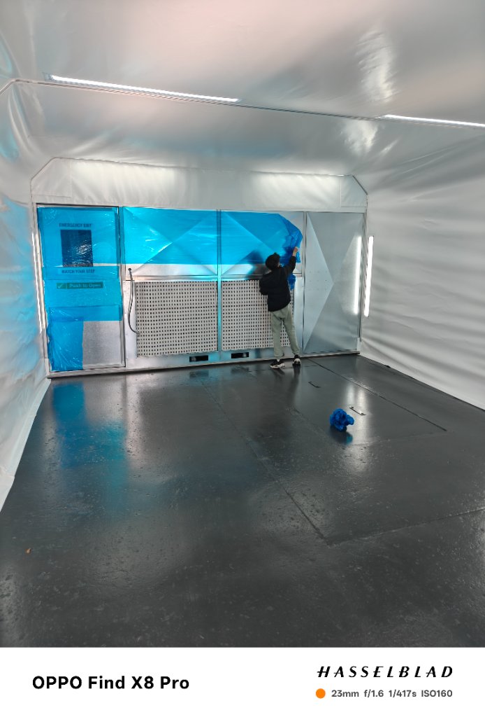 Booth interior — filter wall view