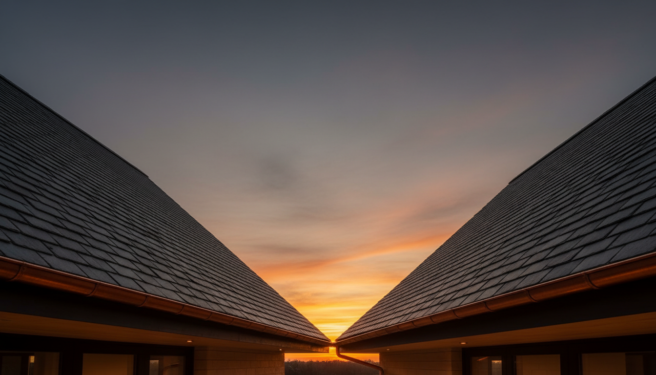Dramatic luxury roofline against twilight sky