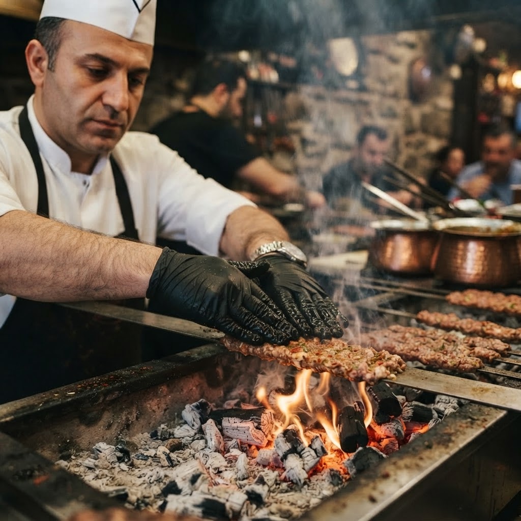 Chef grilling adana kabab skewer over charcoal