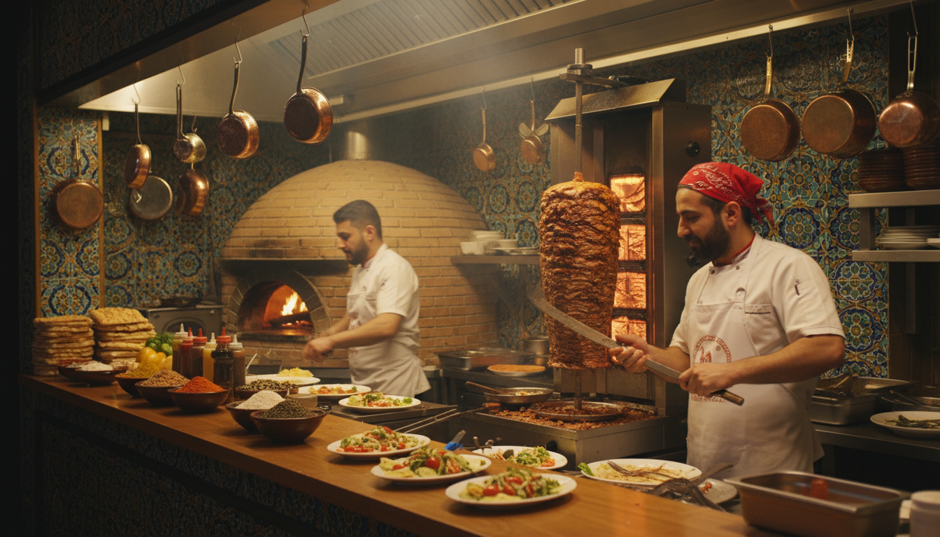 Doner Corner restaurant kitchen with rotating döner spit