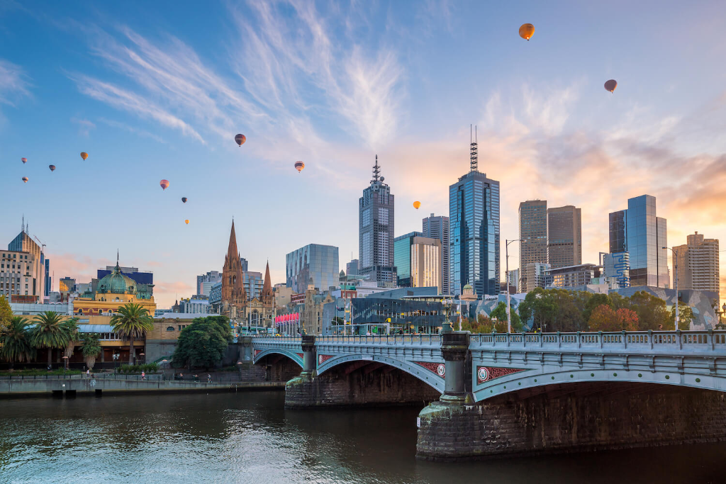 Melbourne with hot air balloons