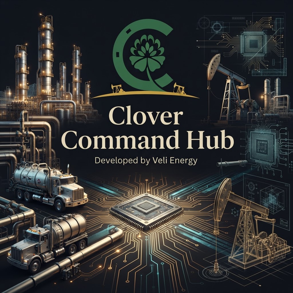 Clover Command Hub with Clover Plains branding, oil-and-gas equipment intertwined with computer circuitry. Developed by Veli Energy.