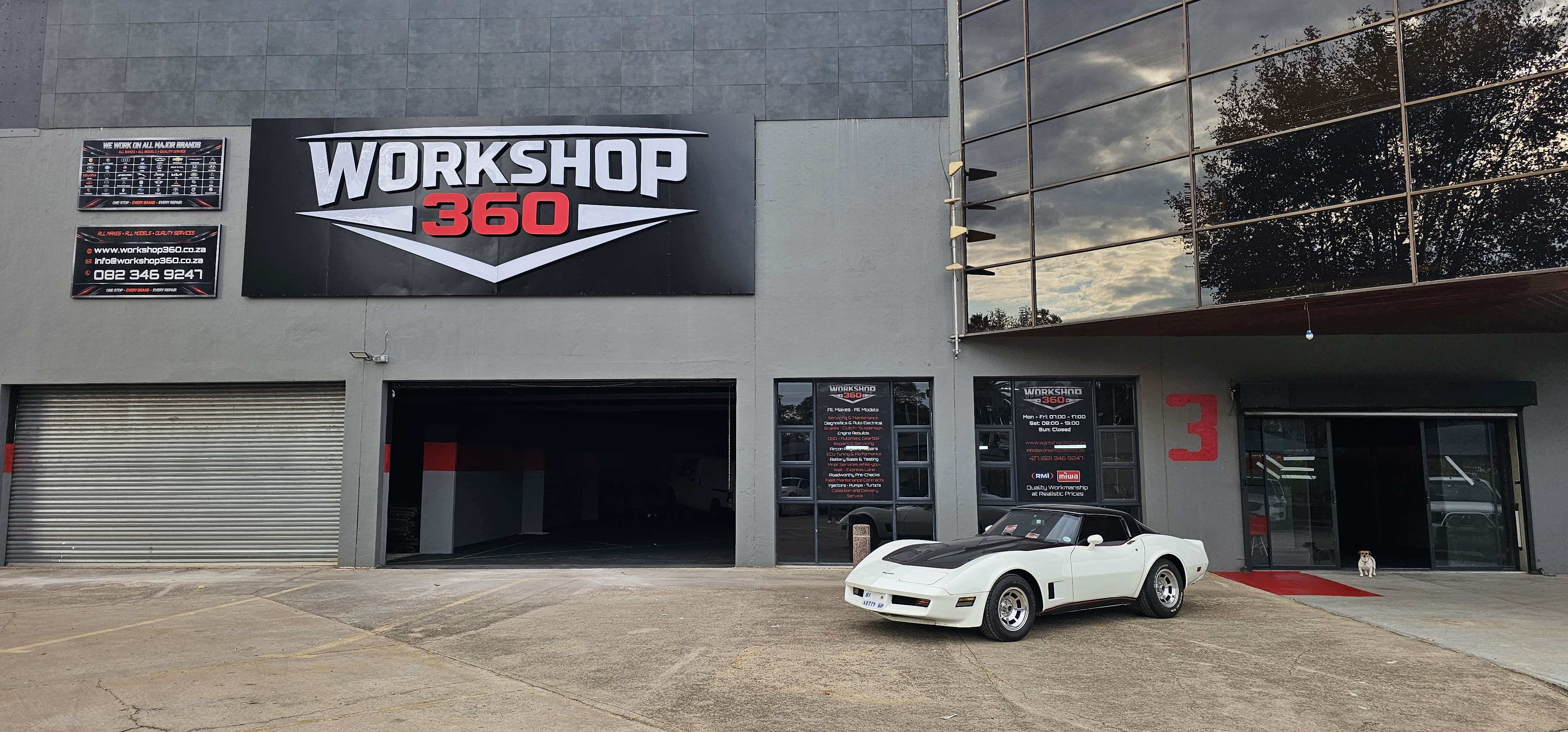 Workshop interior, clean, organized automotive laboratory