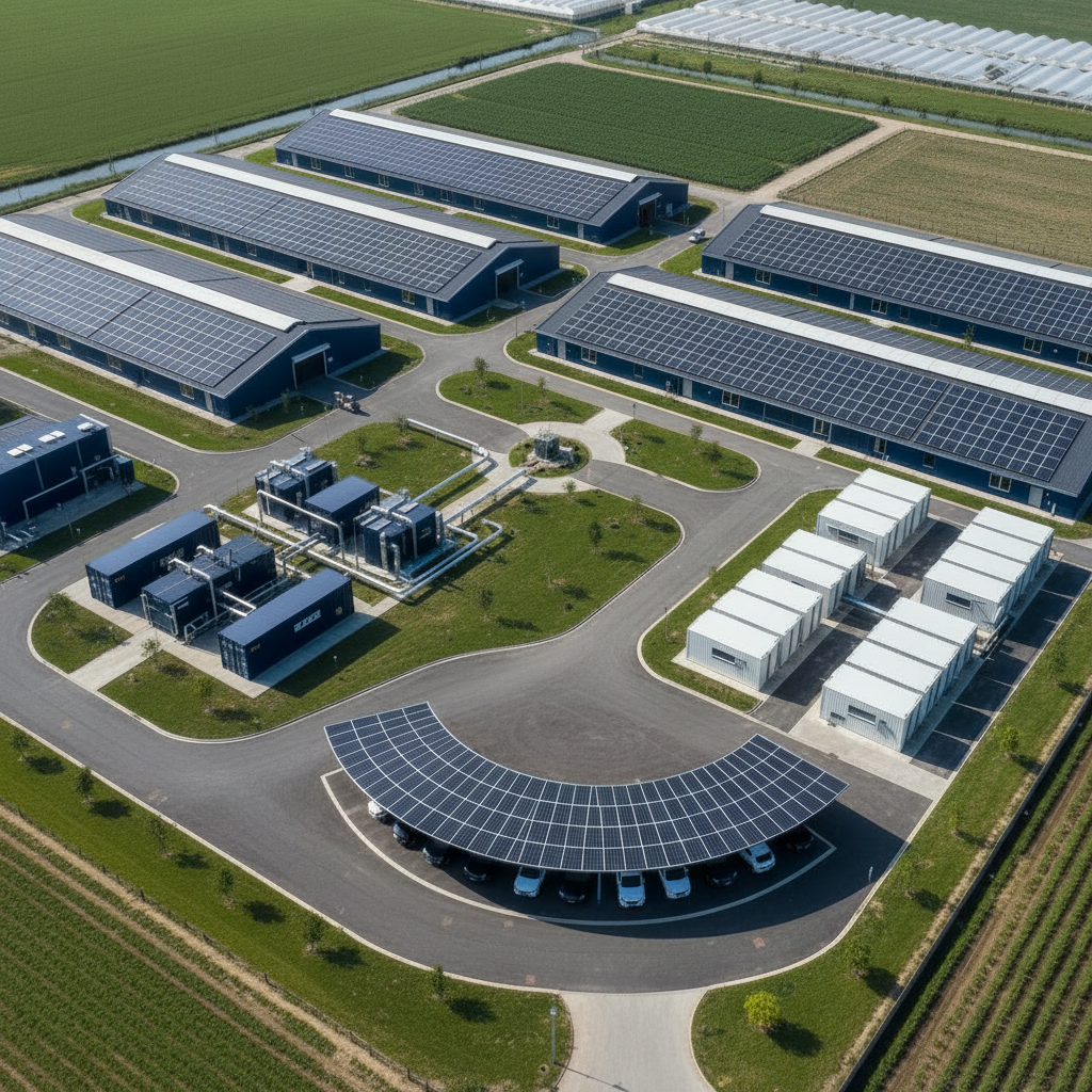 Photorealistic aerial drone view of integrated farm microgrid showing solar arrays, wind turbine, battery storage, anaerobic digestion plant, hydrogen storage, and EV charging station