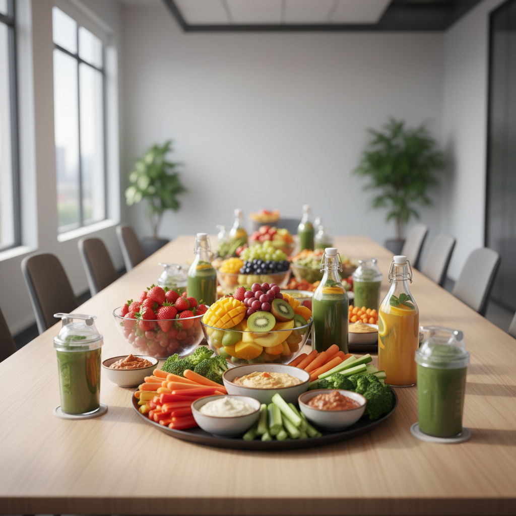 Zakelijke lunch met vers fruit, groenten en shakes