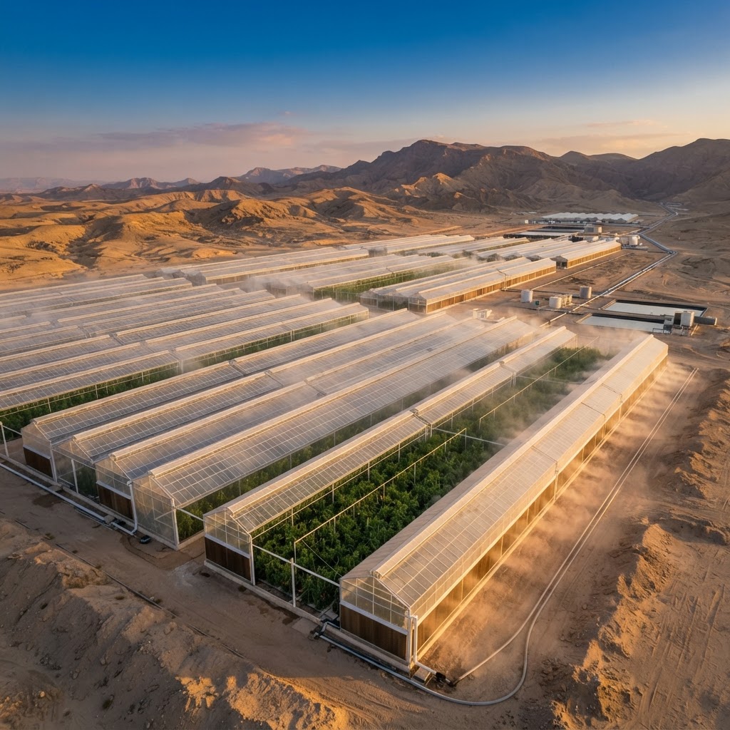 Seawater greenhouse facility in the desert