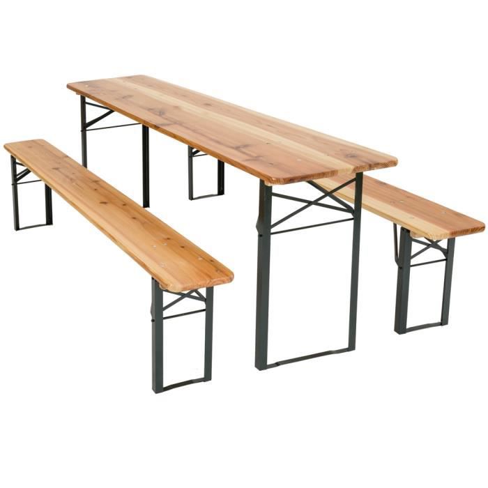 Ensemble table et bancs en bois de brasserie
