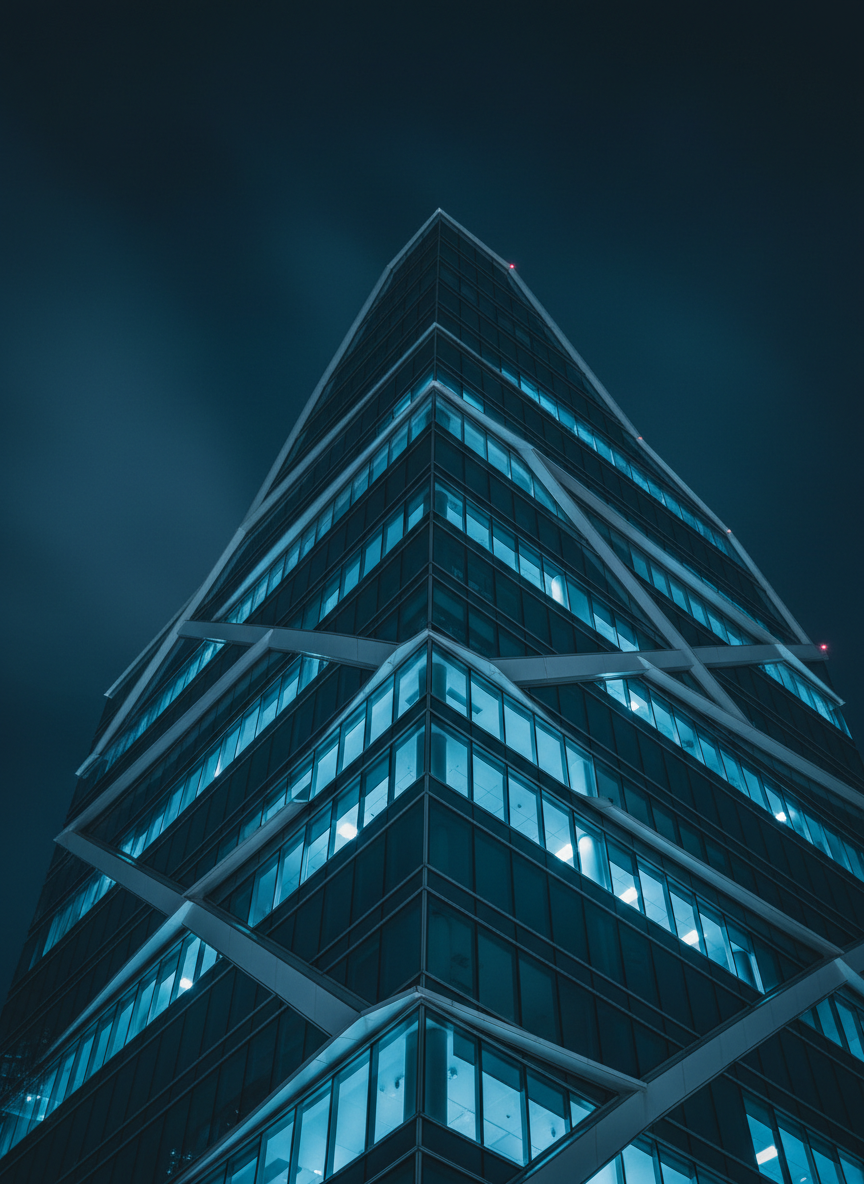 Modern architectural glass building at night