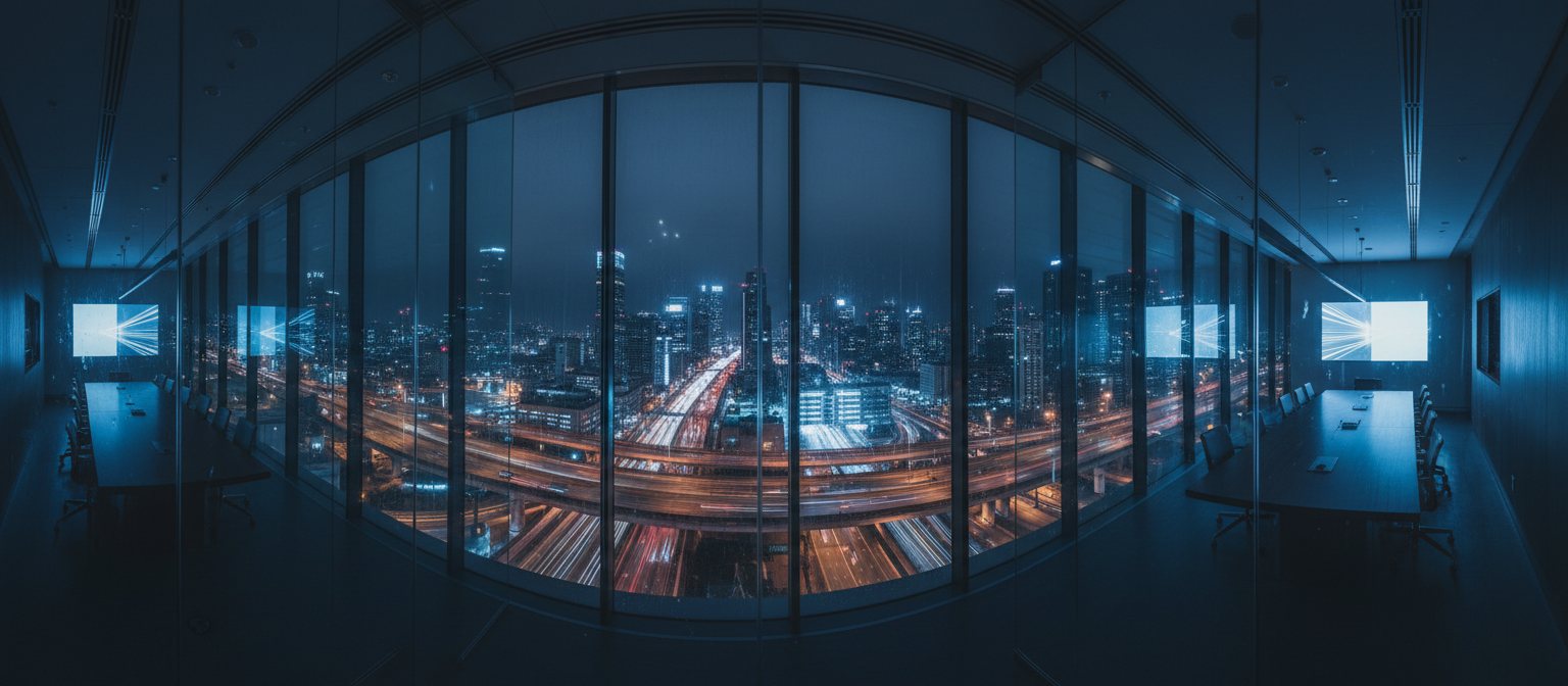 Modern glass boardroom overlooking a city at night