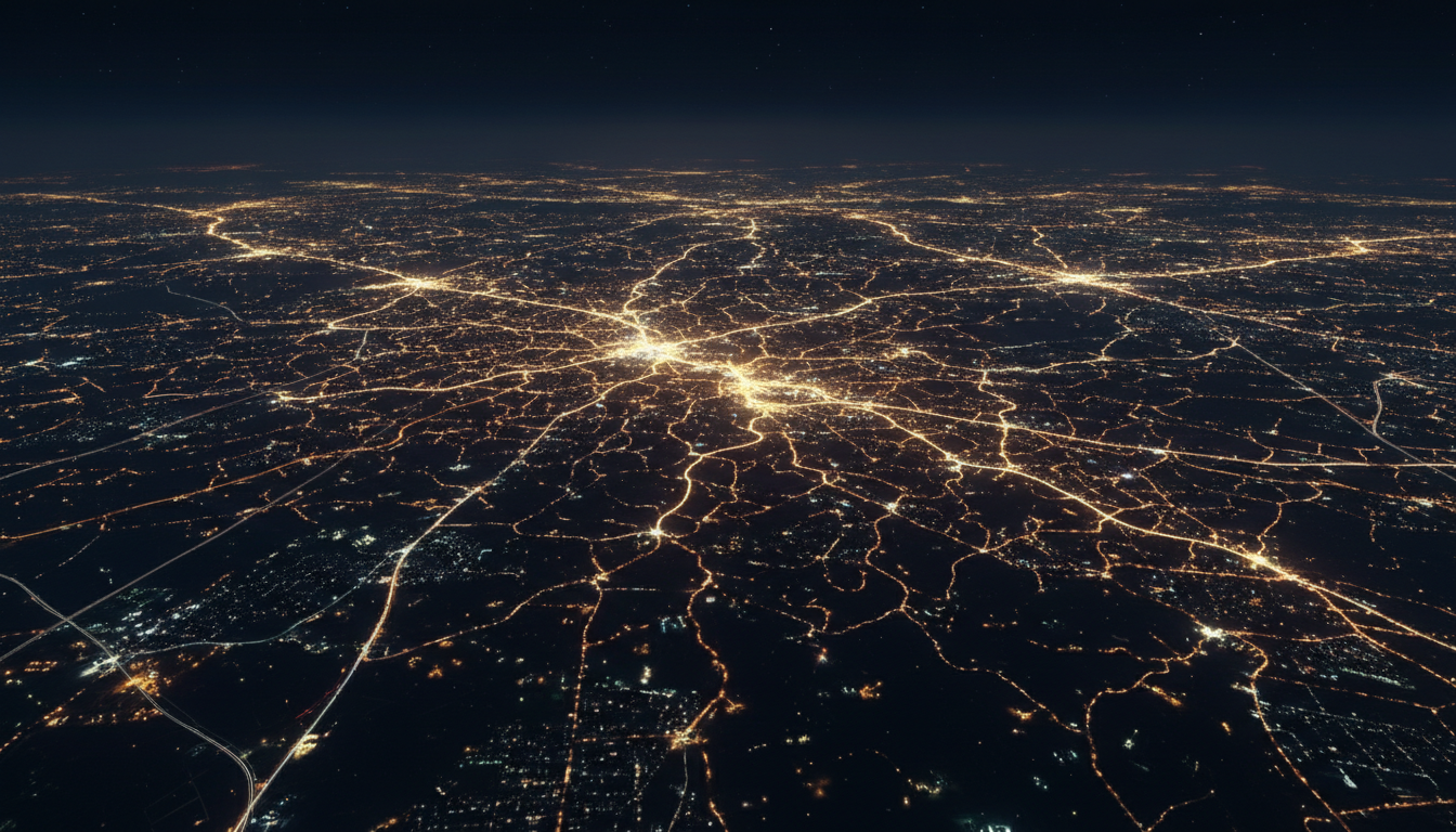 Interconnected city lights forming network pattern