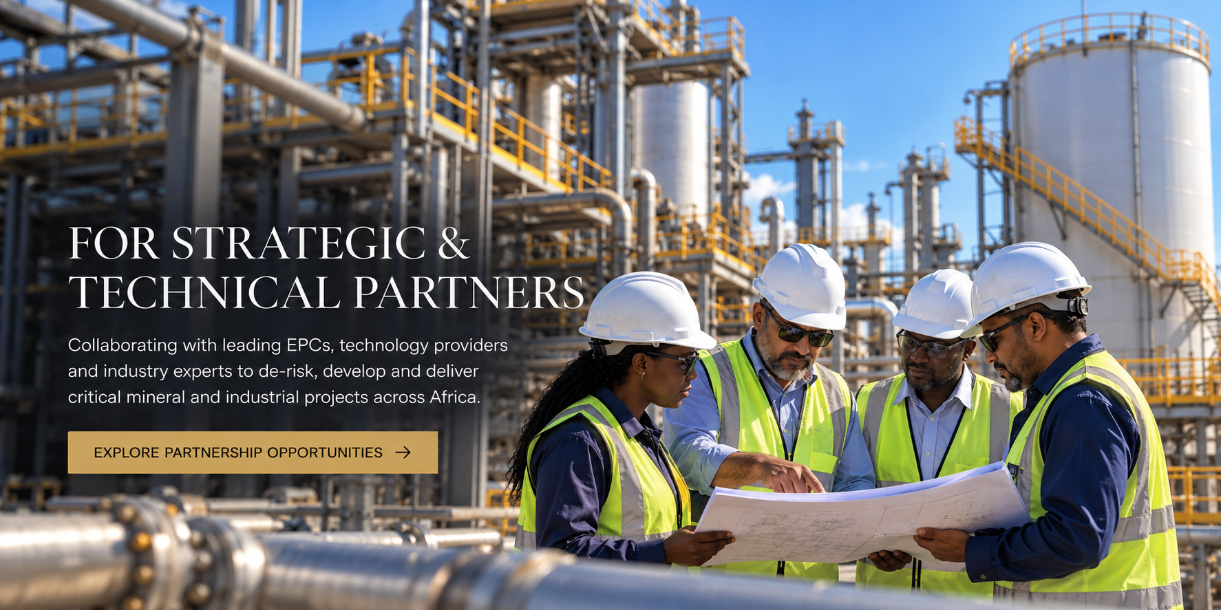 Strategic and technical partners reviewing blueprints at an industrial facility