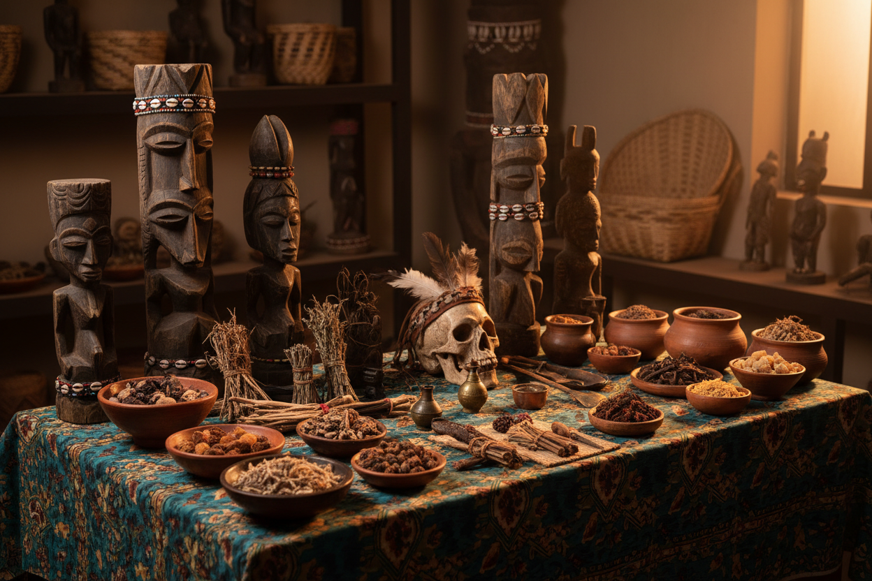 Dr. Galazinga spiritual healing workspace showing ancestral artifacts used by a renowned witch doctor serving Texas USA