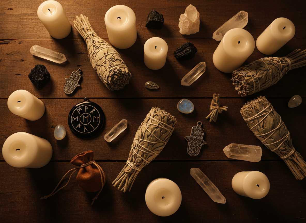 Spiritual protection ceremony with candles and sage used for clearing negative energy and badluck spells in Texas USA