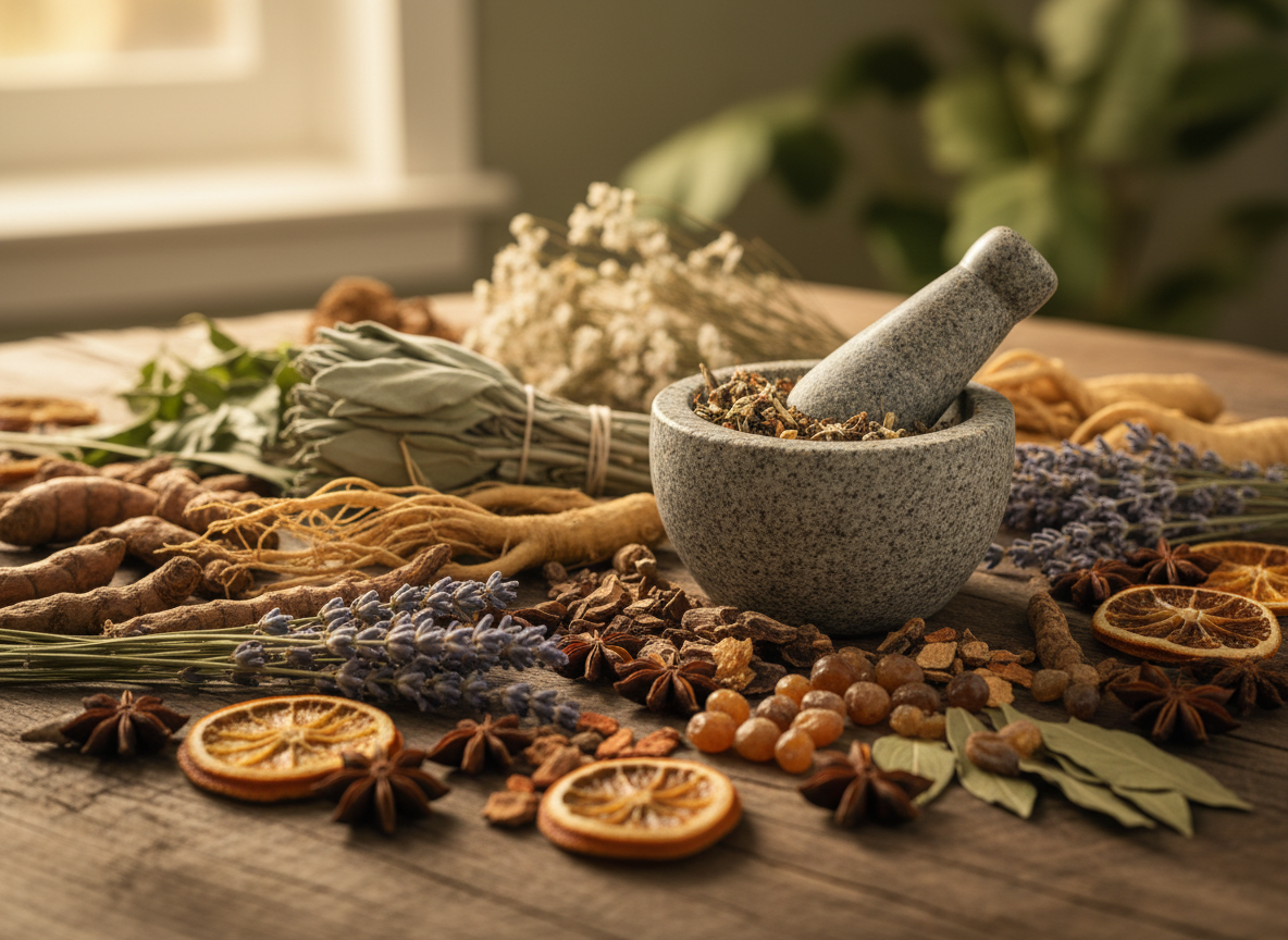 Traditional healing herbs and botanical ingredients used by a witch doctor in Texas USA for spiritual remedies and ancestral medicine