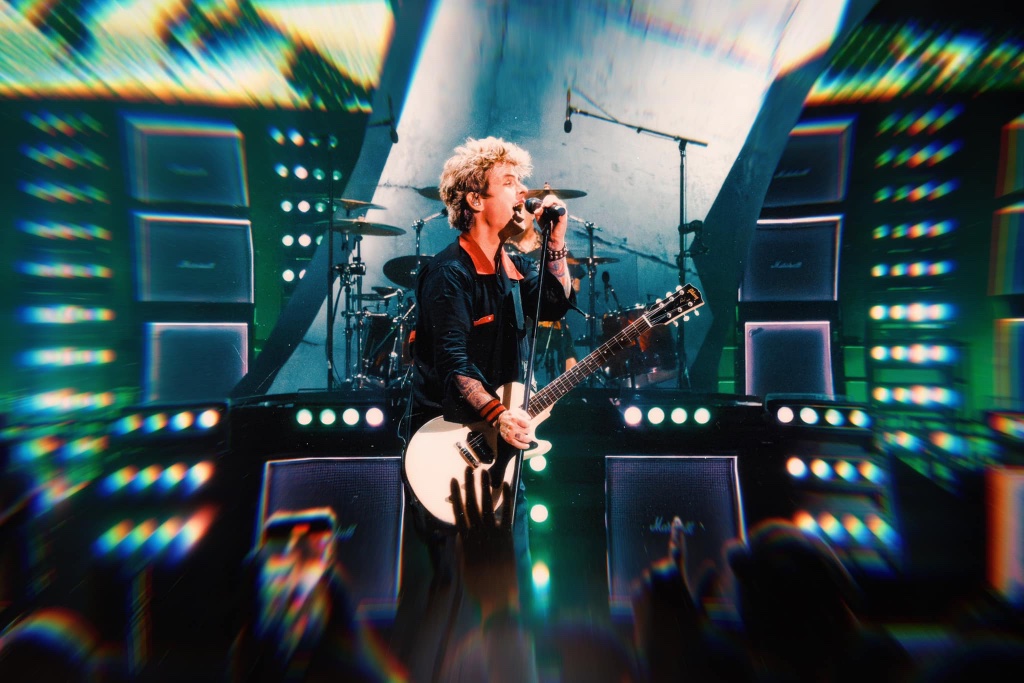 Green Day performing during the The Saviors Tour at Chase Field in Phoenix, AZ — concert photography by Anthony Cavale for Cavale Live