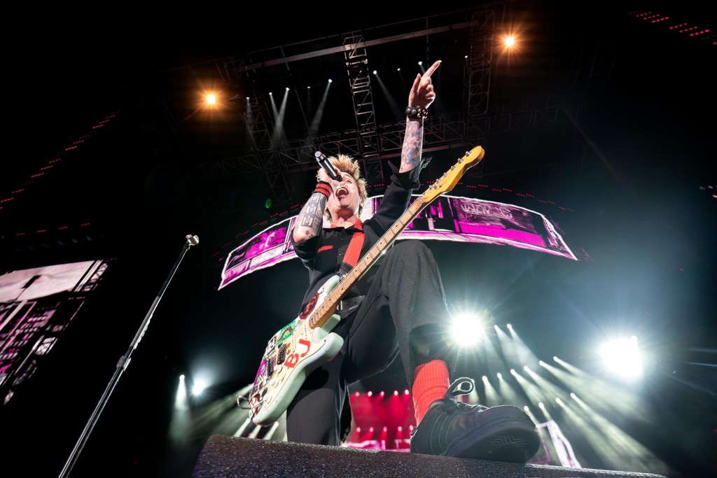 Green Day performing during the The Saviors Tour at Chase Field in Phoenix, AZ — concert photography by Anthony Cavale for Cavale Live