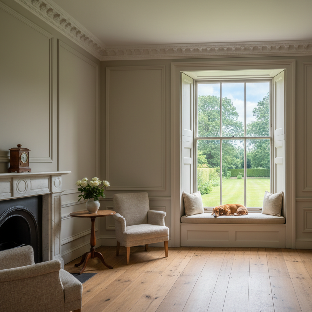 Elegant Georgian sitting room with sash window and garden view