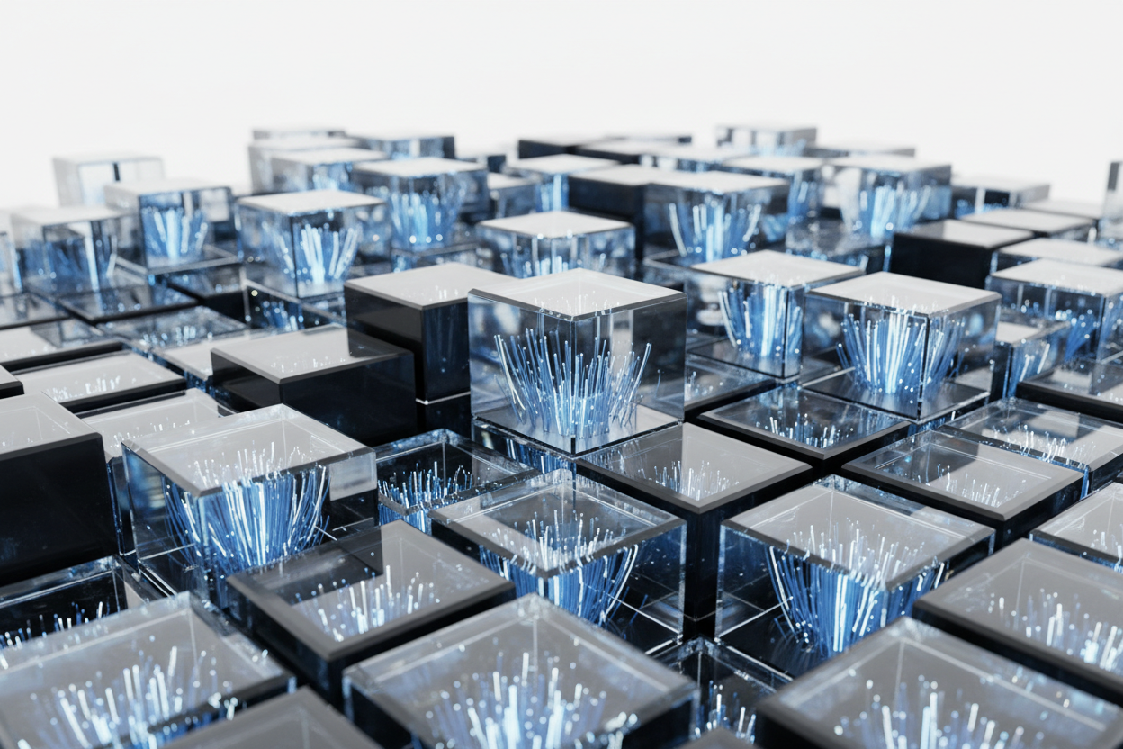Modular IT infrastructure visualised as interlocking geometric glass cubes