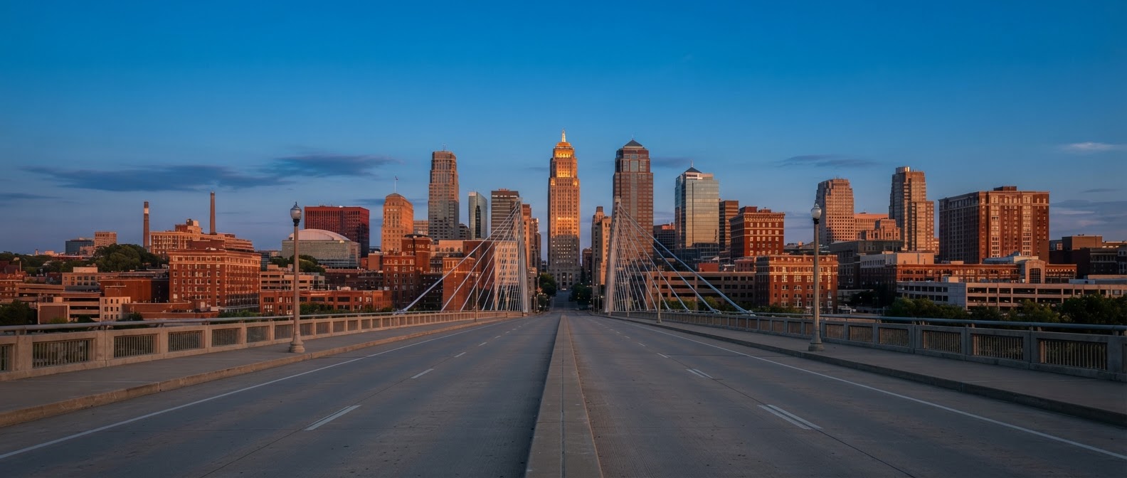 Kansas City skyline at dusk from the Bond Bridge