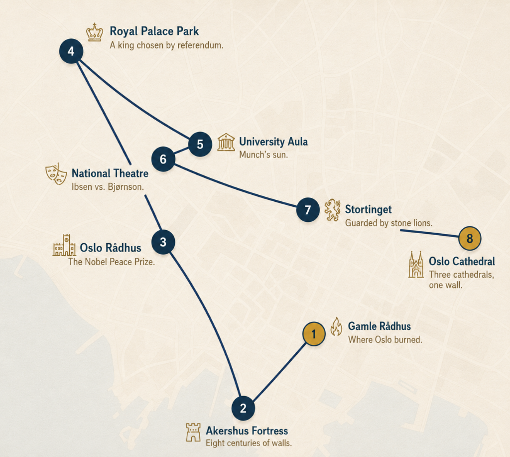 Route map of Soul of Oslo, an 8-stop self-guided audio walk from Gamle Rådhus (Stop 1, start) through Akershus Fortress, Oslo Rådhus, Royal Palace Park, University Aula, National Theatre, Stortinget, and ending at Oslo Cathedral (Stop 8, finish) in central Oslo.