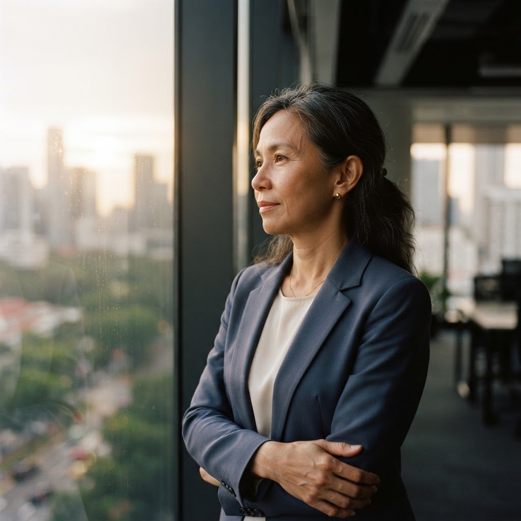 A woman in her mid forties standing by an office window in Singapore, looking out in thought