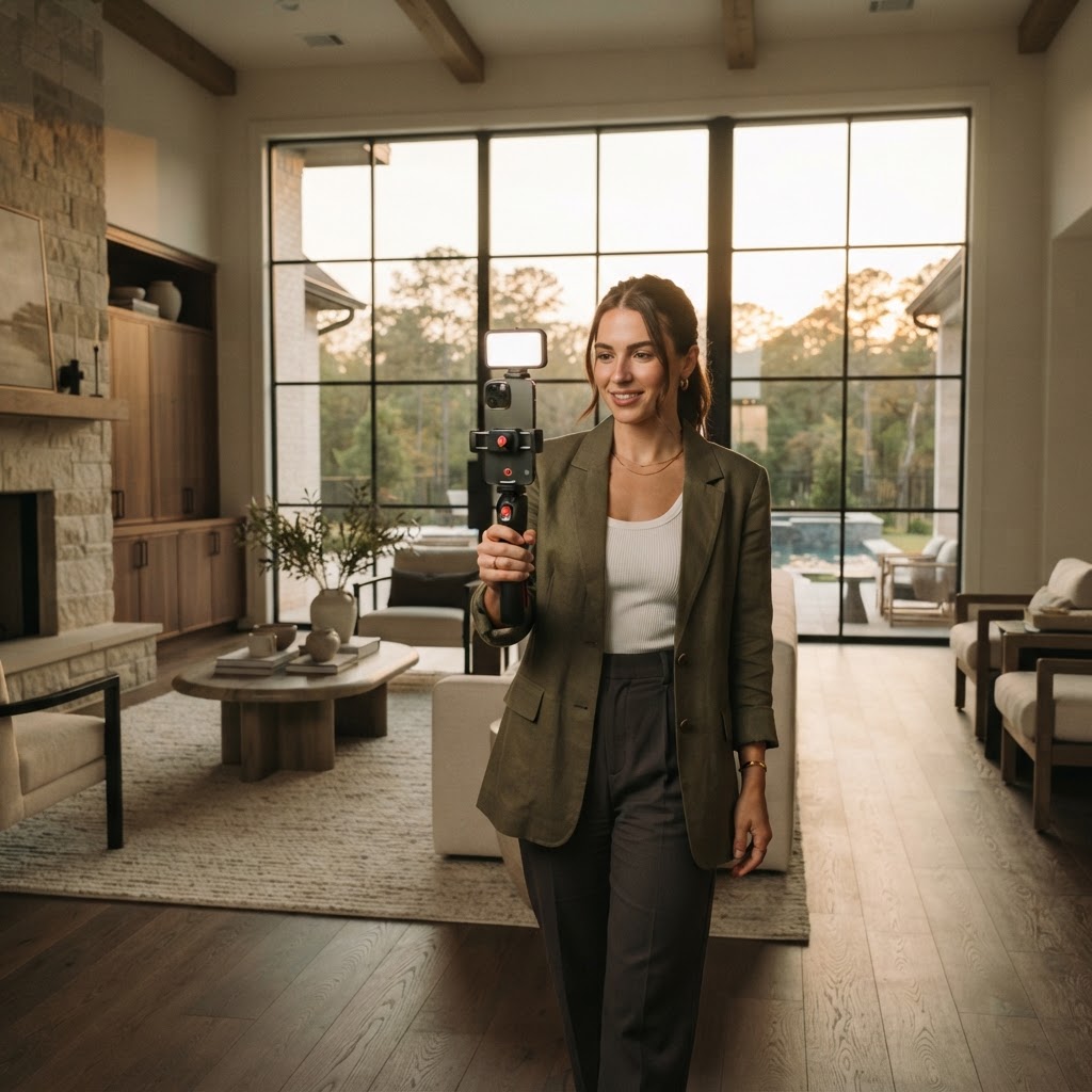 A real estate professional filming social content inside a Houston home