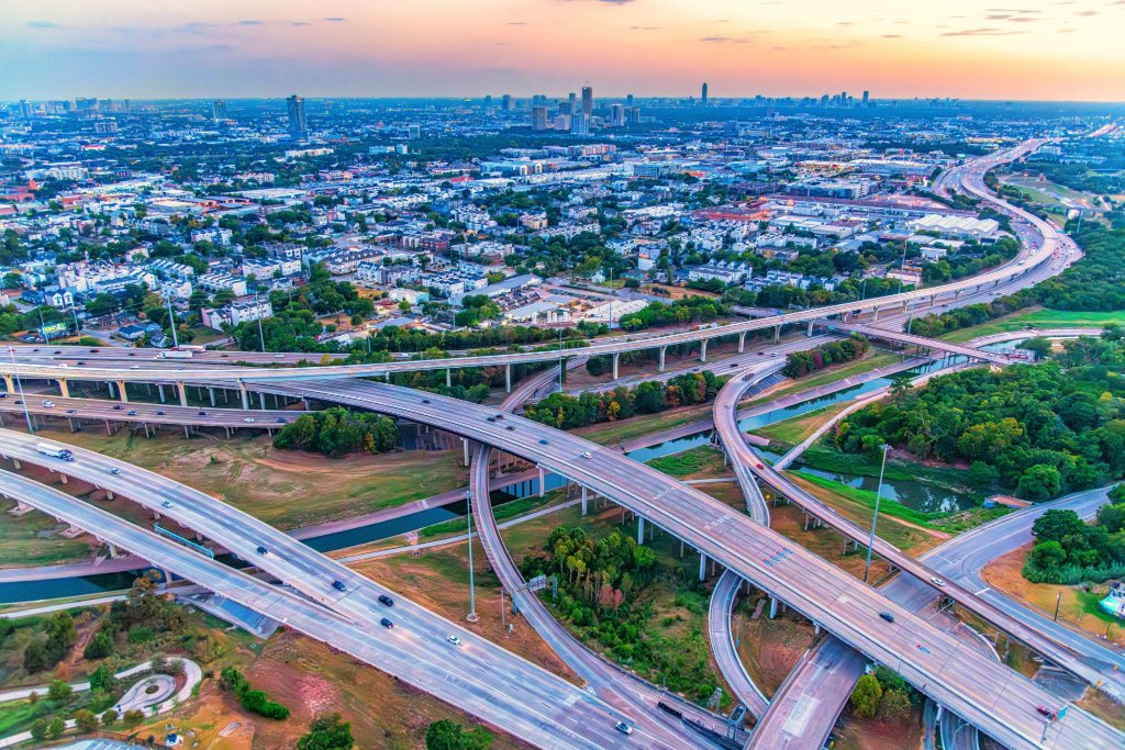 Houston highways at sunset